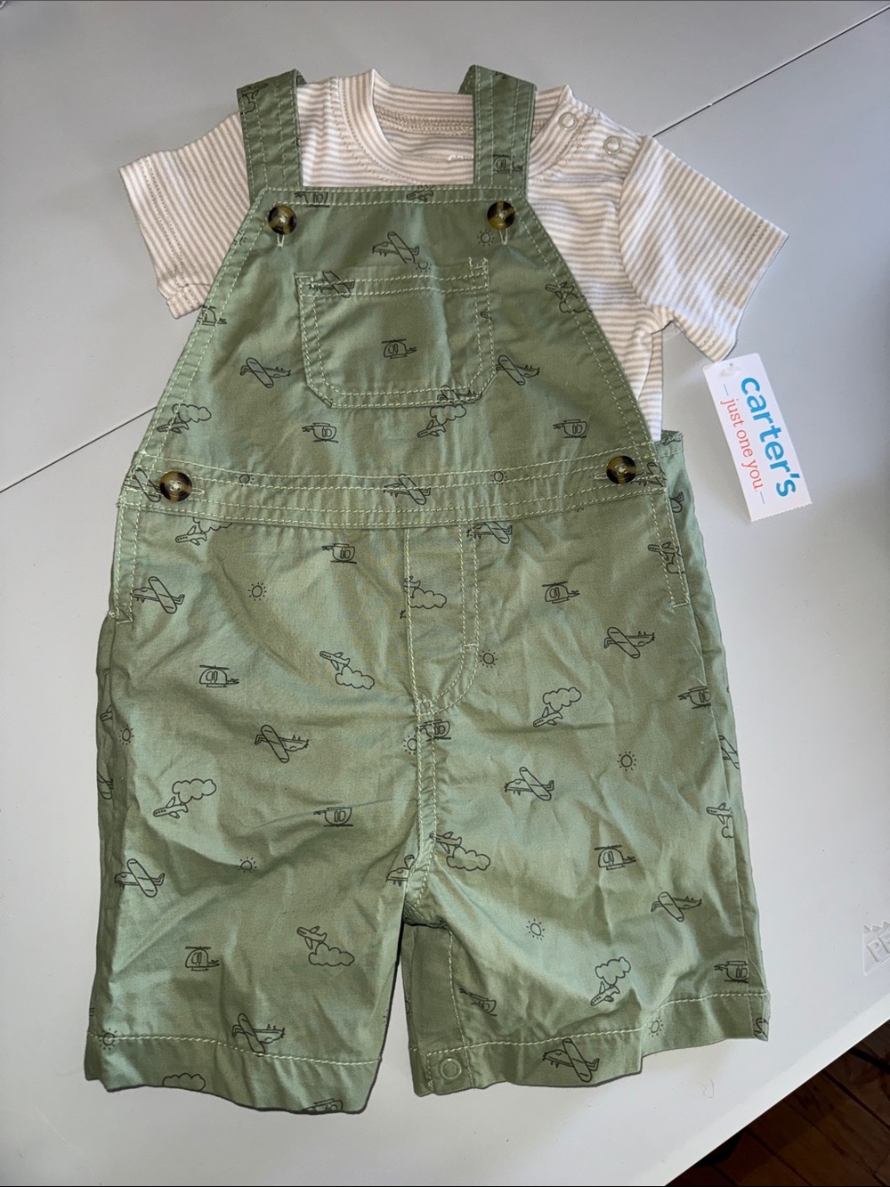 NWT Carter's Olive Green Airplane Shortall with Cream Striped Tee 18 Months